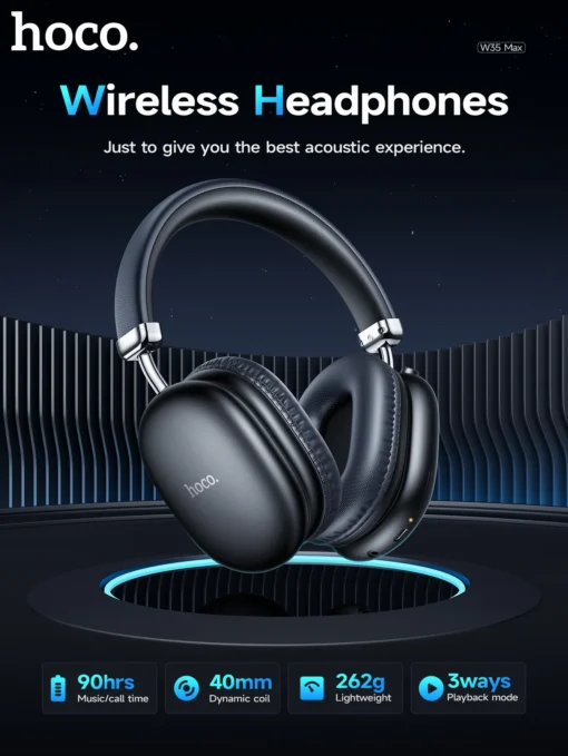 Hoco W35 Max (90 hrs) Wireless Bluetooth Headphones - Black - Image 2