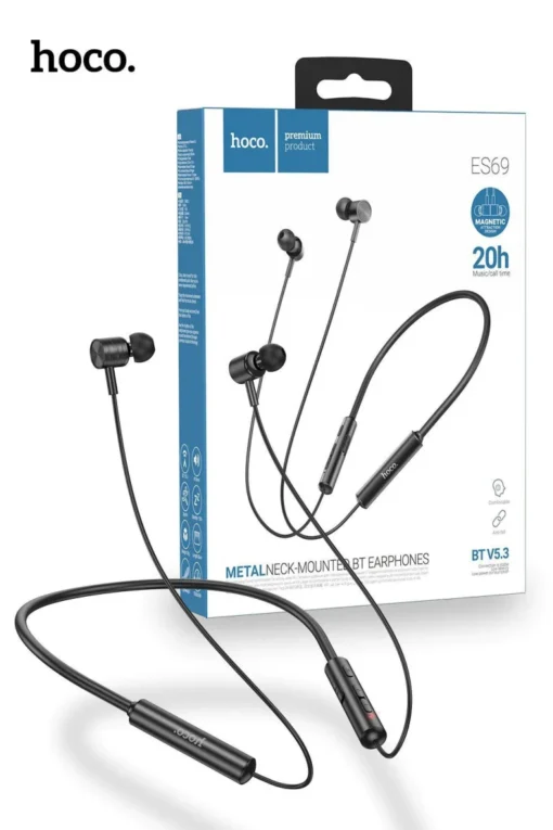 Hoco ES69 Neckband Earphones - Black Clear Calls and Long Battery Life - Image 3