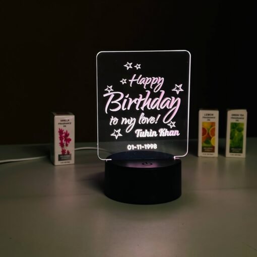 Customizable Happy Birthday Design Acrylic Multicolor Night Lamp – Black & White