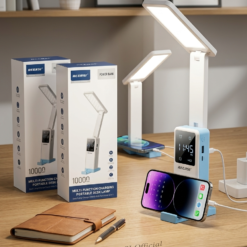 RECRSI 3-in-1 Smart Desk Lamp with 10000mAh Power Bank, LED Clock & Mobile Stand – Rechargeable Foldable Study Light