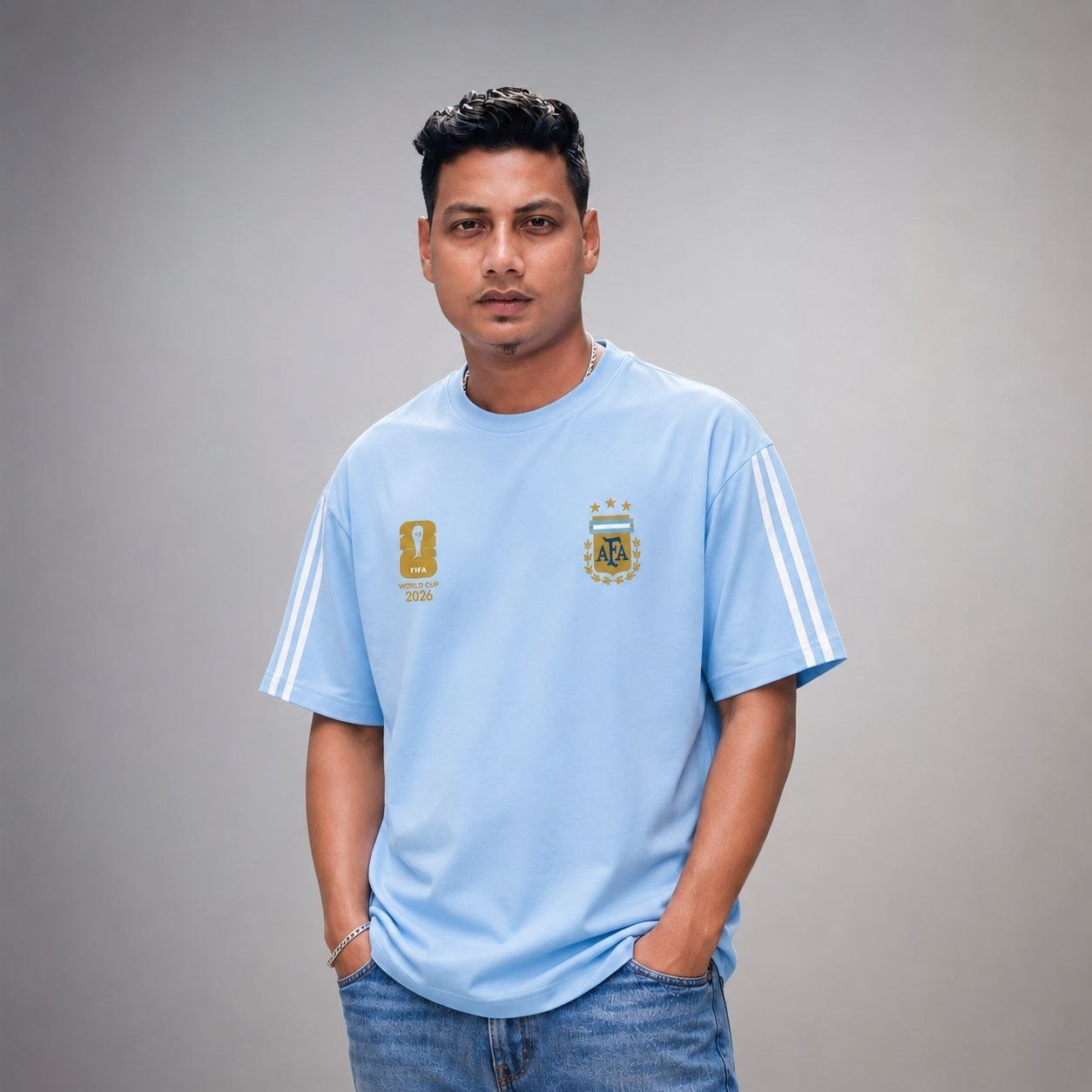 Argentina Sky Blue Oversized T-Shirt for Men | FIFA World Cup 2026 AFA Fan Edition | Premium Drop Shoulder Casual Sports Tee