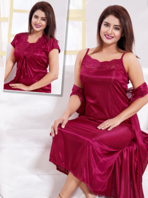 Premium Women's  Nighty Set with Matching Robe | Soft Silk Satin Long Nightdress | CODE: A319