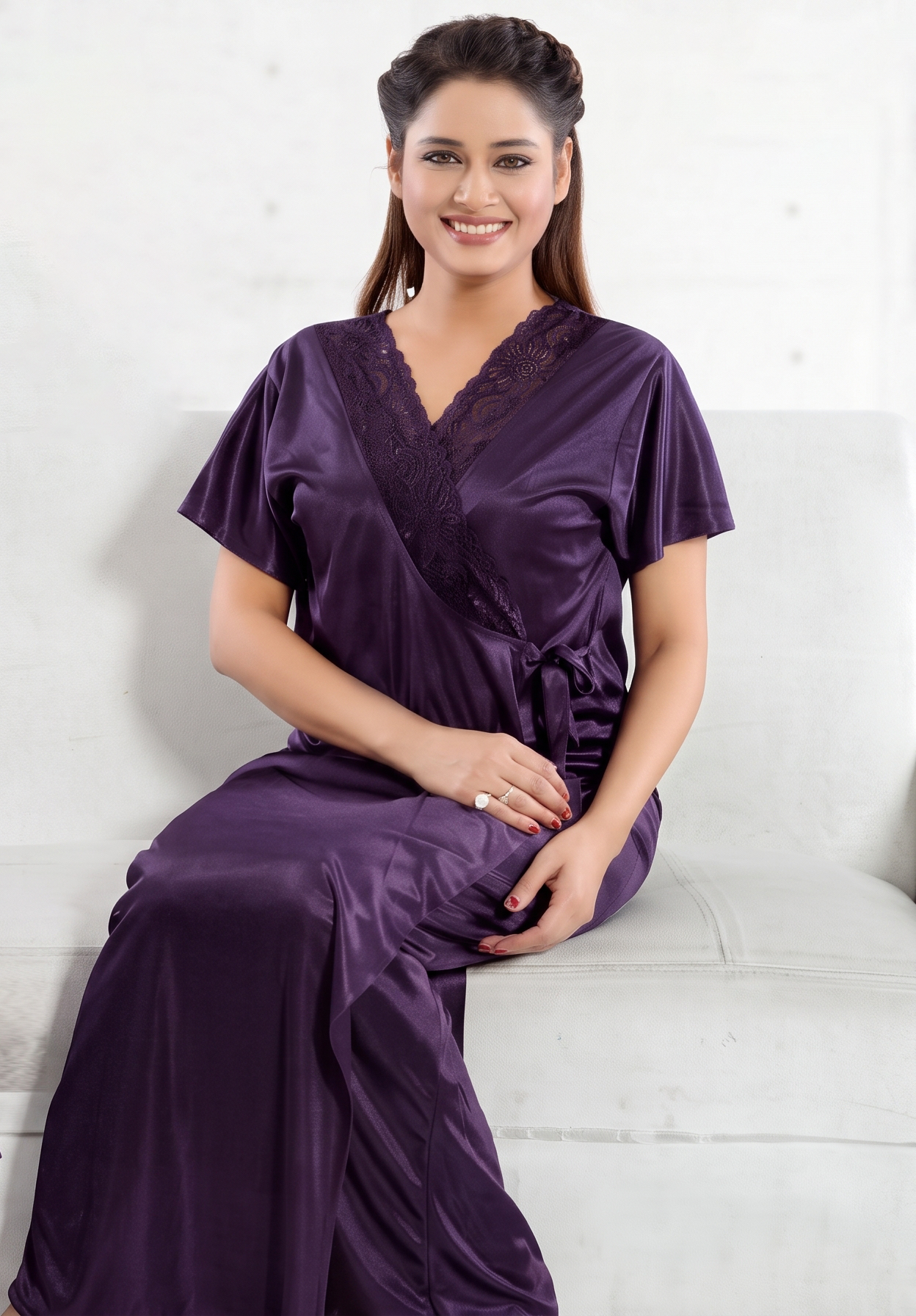Premium Women's Nighty Set with Matching Robe | Soft Silk Satin Long Nightdress | CODE: A312