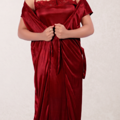 Alternative view of Premium Women's Wine Red Satin Nighty Set with Matching Robe | Soft Silk Satin Long Nightdress | CODE: 1250