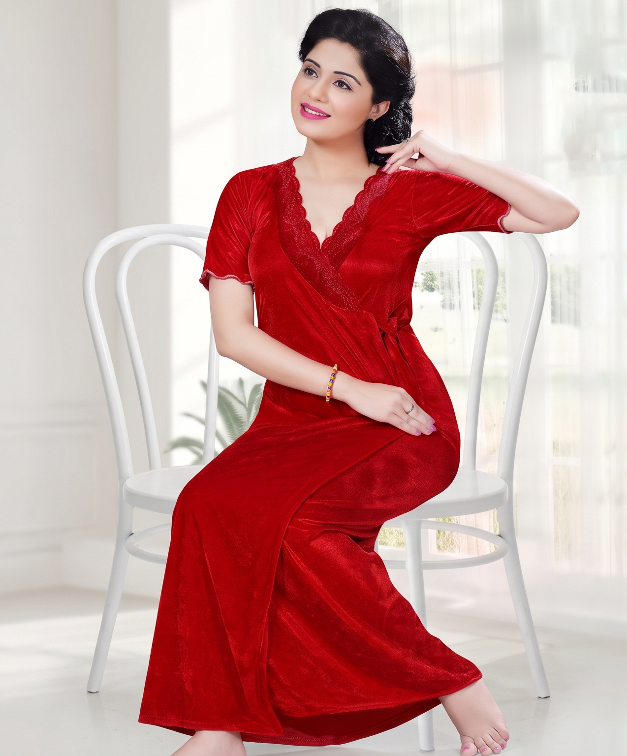 Premium Women's Satin Nighty Set with Matching Robe | Soft Silk Satin Long Nightdress | CODE: BA 861 - Image 2